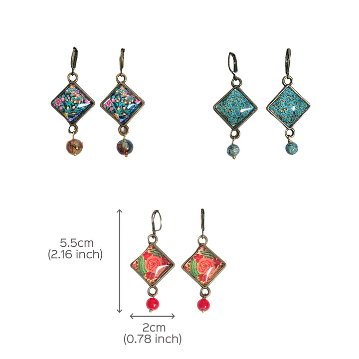 Kashmiri Art Metal Earrings With Glass Beads - Gold Leaf Medallion Rhombus