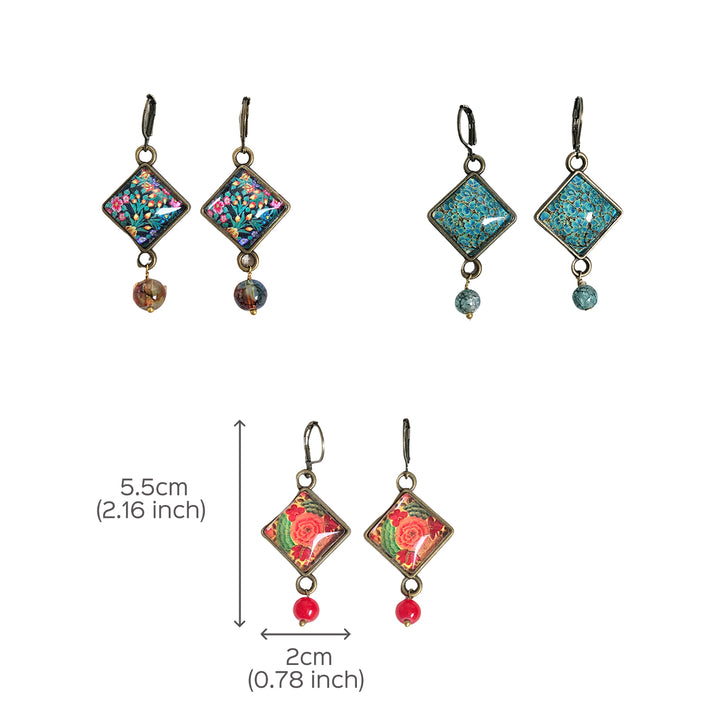 Mosaic Art Metal Earrings With Glass Beads - Islamic Pattern Rhombus