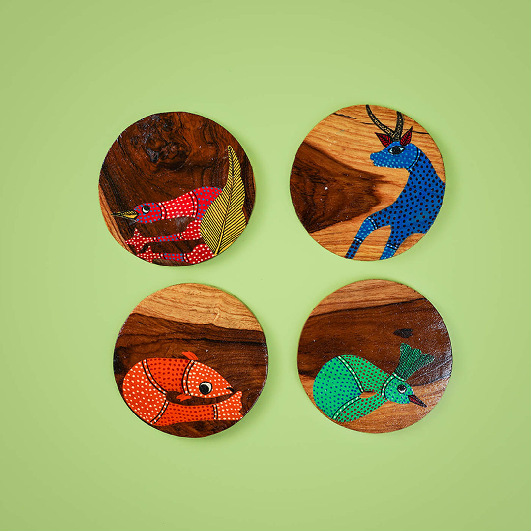 Gond Art Teak Wood Coasters - Set of 4