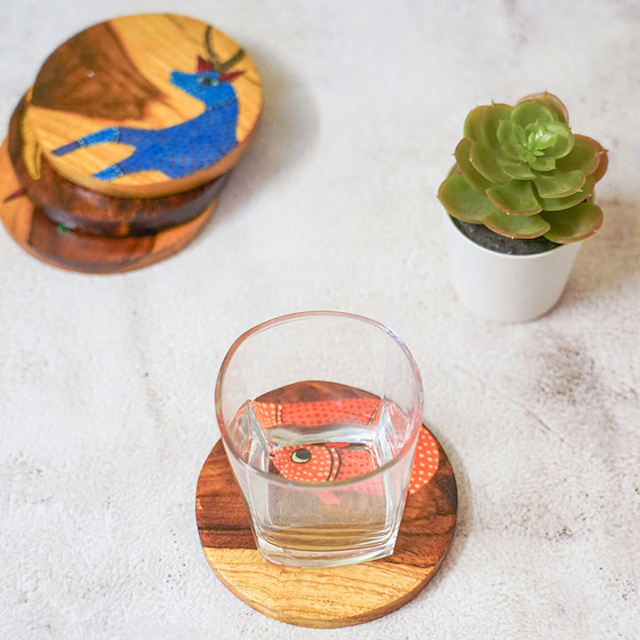 Gond Art Teak Wood Coasters - Set of 4