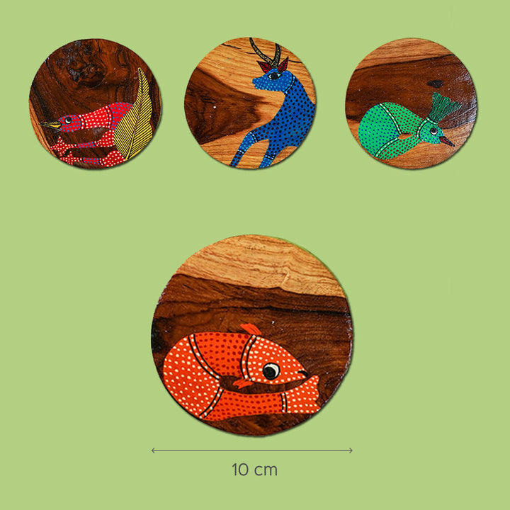 Gond Art Teak Wood Coasters - Set of 4