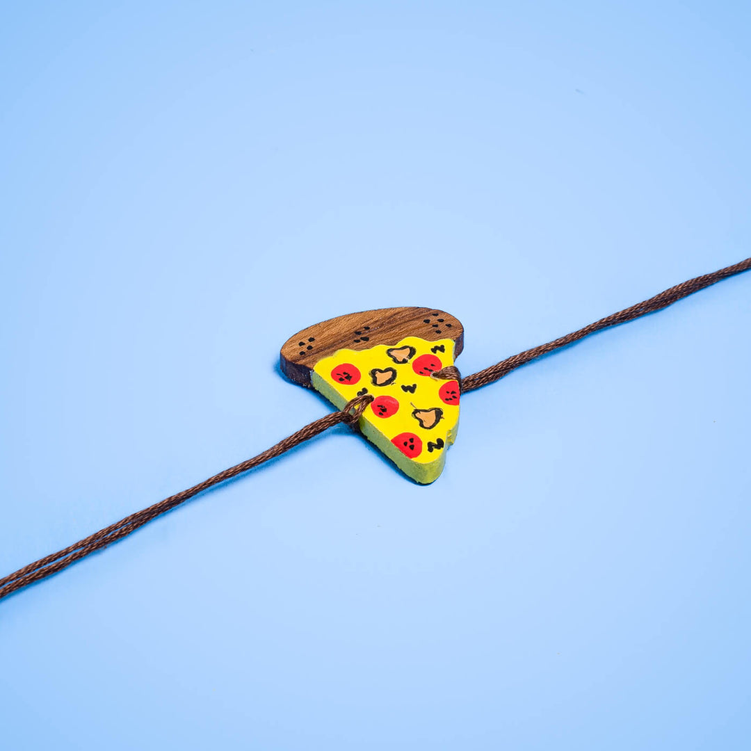 Handpainted Wooden Rakhi Pizza - Pizza Charm Flat Lay with String