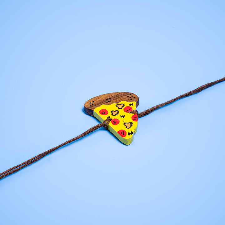Handpainted Wooden Rakhi Pizza - Pizza Charm Flat Lay with String