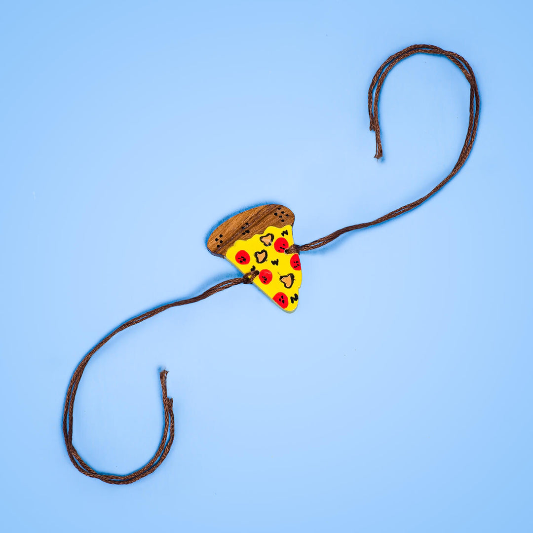 Handpainted Wooden Rakhi Pizza - Pizza Charm with Extended String