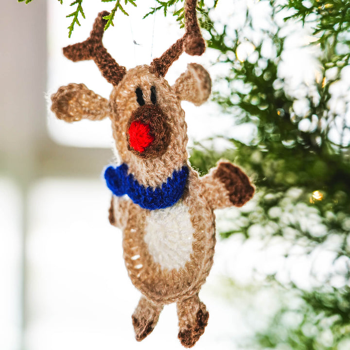 Handmade Rudolph Reindeer Crochet Woollen Ornament For Christmas Tree Decoration