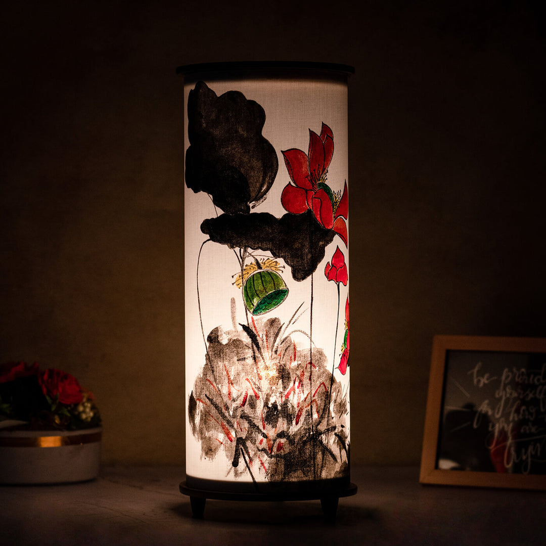Cylindrical Hand-painted Big Red Flower & Grass Tabletop Lamp