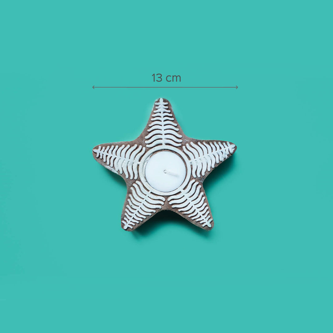 Hand Carved Star Block Wooden Tealight Holder For Christmas Decoration