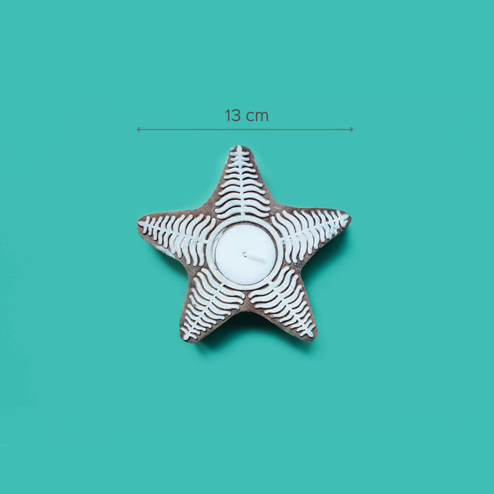 Hand Carved Star Block Wooden Tealight Holder For Christmas Decoration