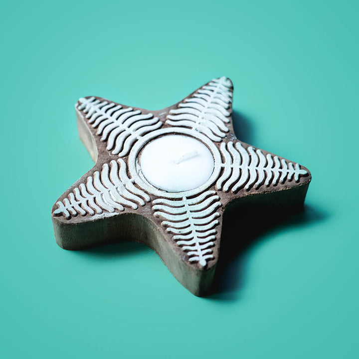 Hand Carved Star Block Wooden Tealight Holder For Christmas Decoration