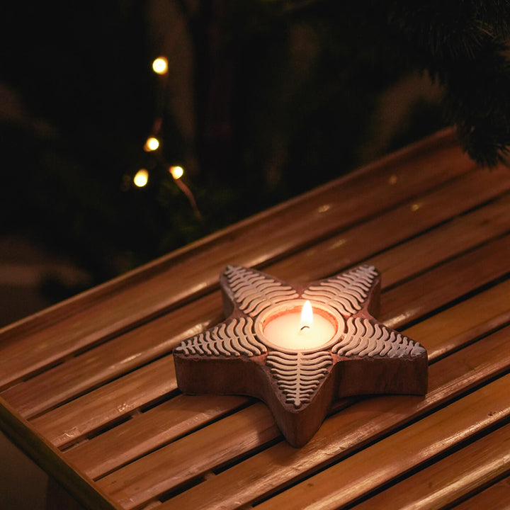 Hand Carved Star Block Wooden Tealight Holder For Christmas Decoration