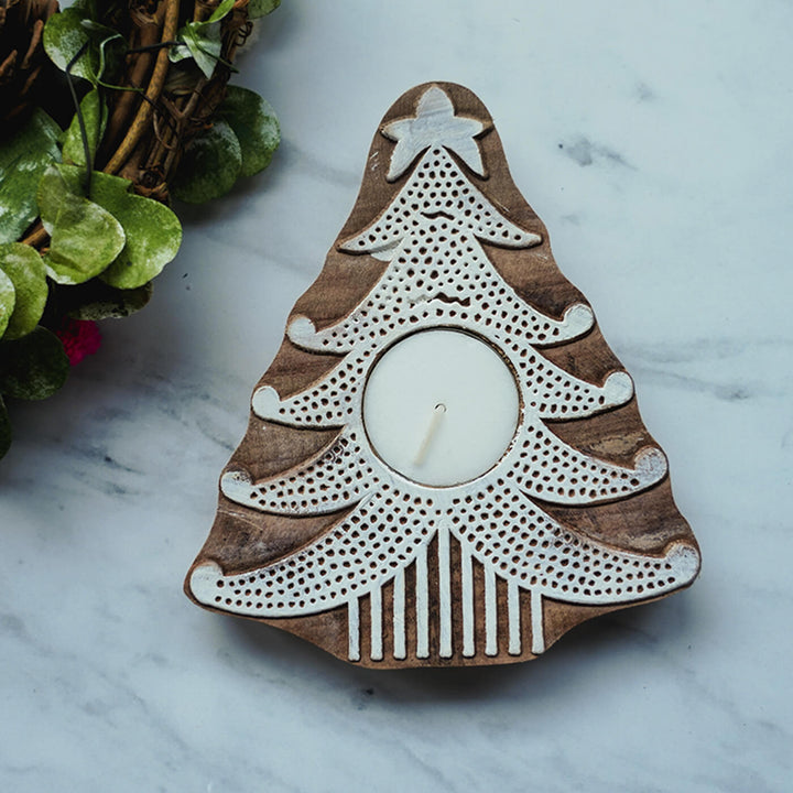Hand Carved Xmas Tree Block Wooden Tealight Holder For Christmas Decoration