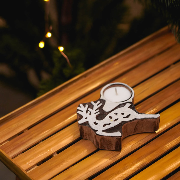 Hand Carved Reindeer Block Wooden Tealight Holder For Christmas Decoration