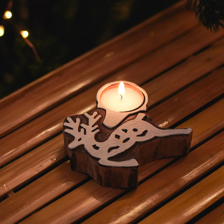 Hand Carved Reindeer Block Wooden Tealight Holder For Christmas Decoration