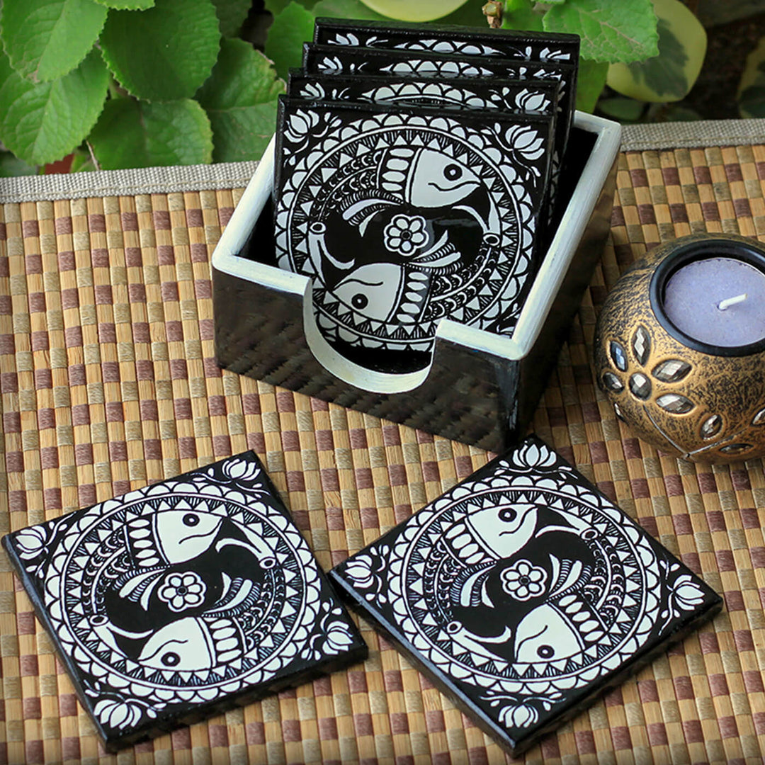 Decoupage Pine Wood Madhubani Fish Coasters | Set of 6