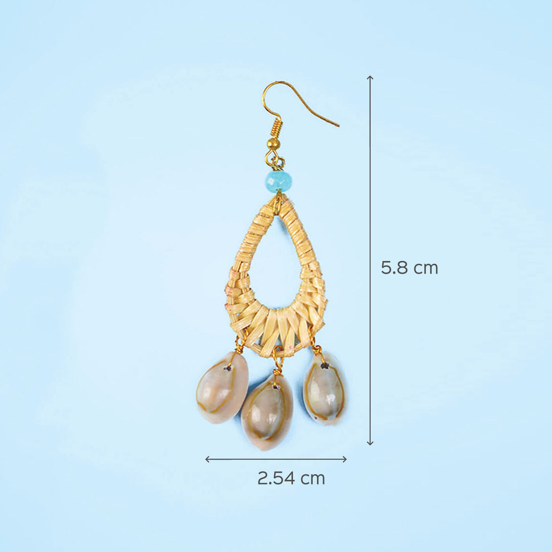 Drop-Shaped Woven Bamboo Earrings with Shells - Zwende