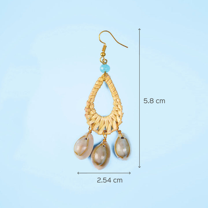 Drop-Shaped Woven Bamboo Earrings with Shells - Zwende