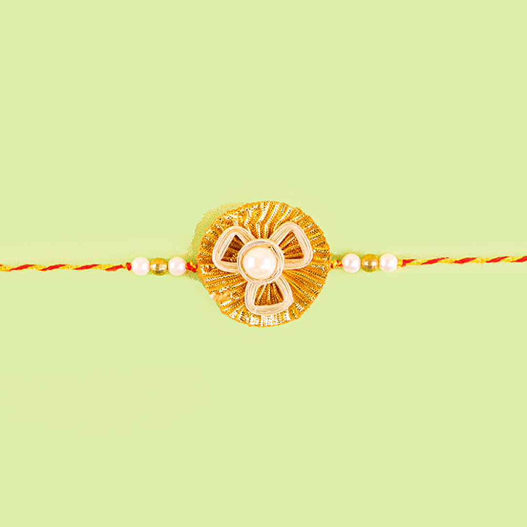 Ecofriendly Bamboo Quilled Rakhi With Gota Resham Thread - Full Rakhi length view