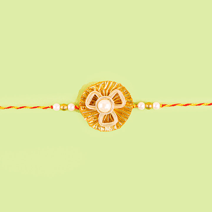 Ecofriendly Bamboo Quilled Rakhi With Gota Resham Thread - Full Rakhi length view