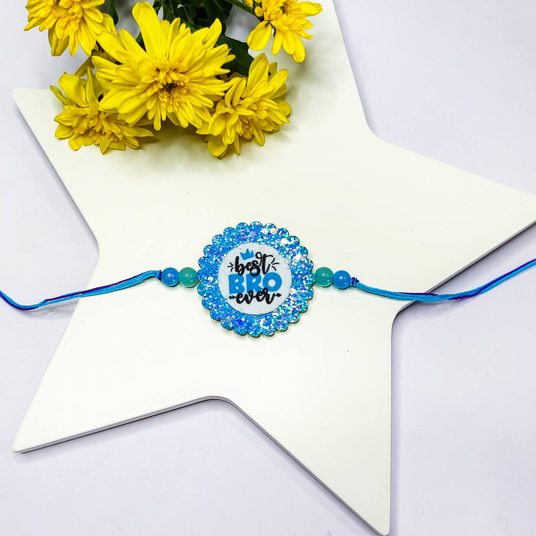 Sparkly Best Bro Ever Rakhi - Flat Lay with Decoration