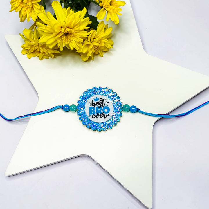 Sparkly Best Bro Ever Rakhi - Flat Lay with Decoration