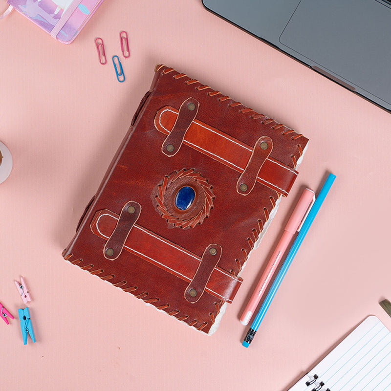 Vintage Leather Gemstone Strap Journal with Handmade Paper