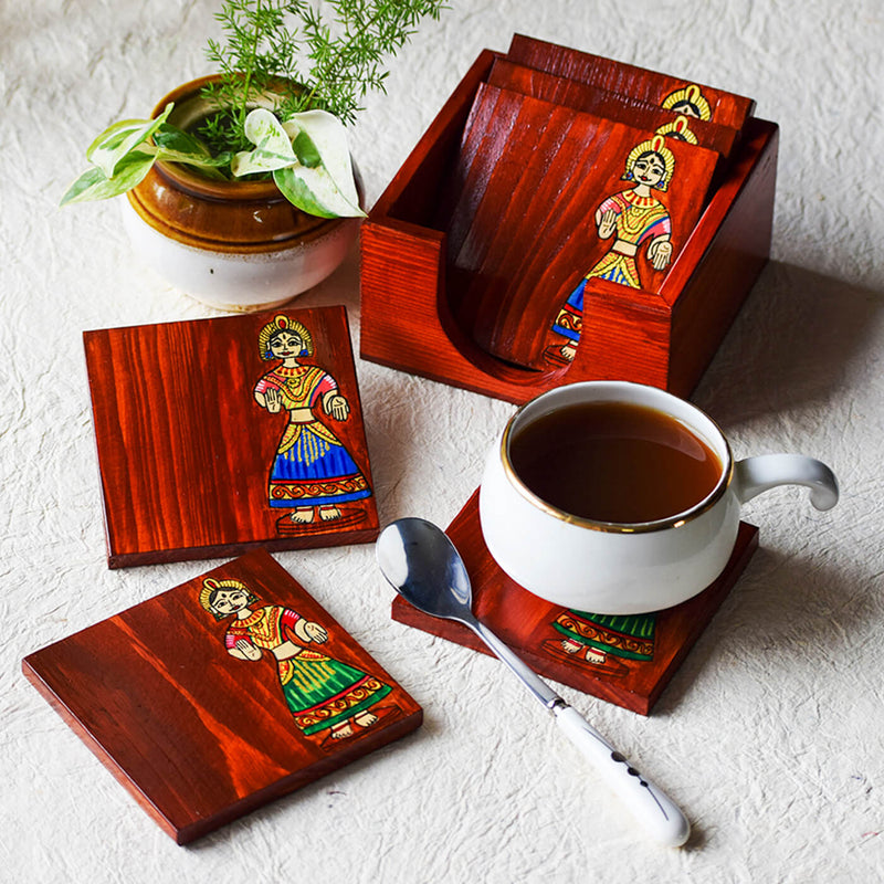 Handpainted Pine Wood Bommai Coasters | Set of 6