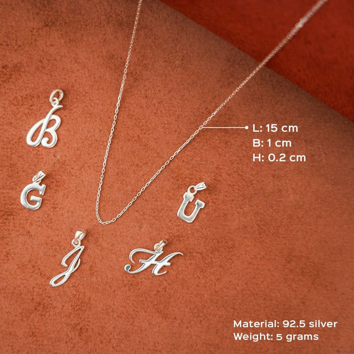 92.5 Silver Alphabet Heart Pendant Chain for Kids/ Teenagers/ Adults