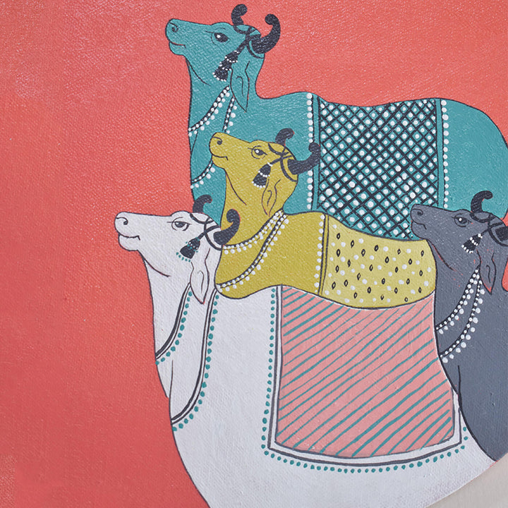 Handpainted Canvas Pichwai Cows Wall Hanging