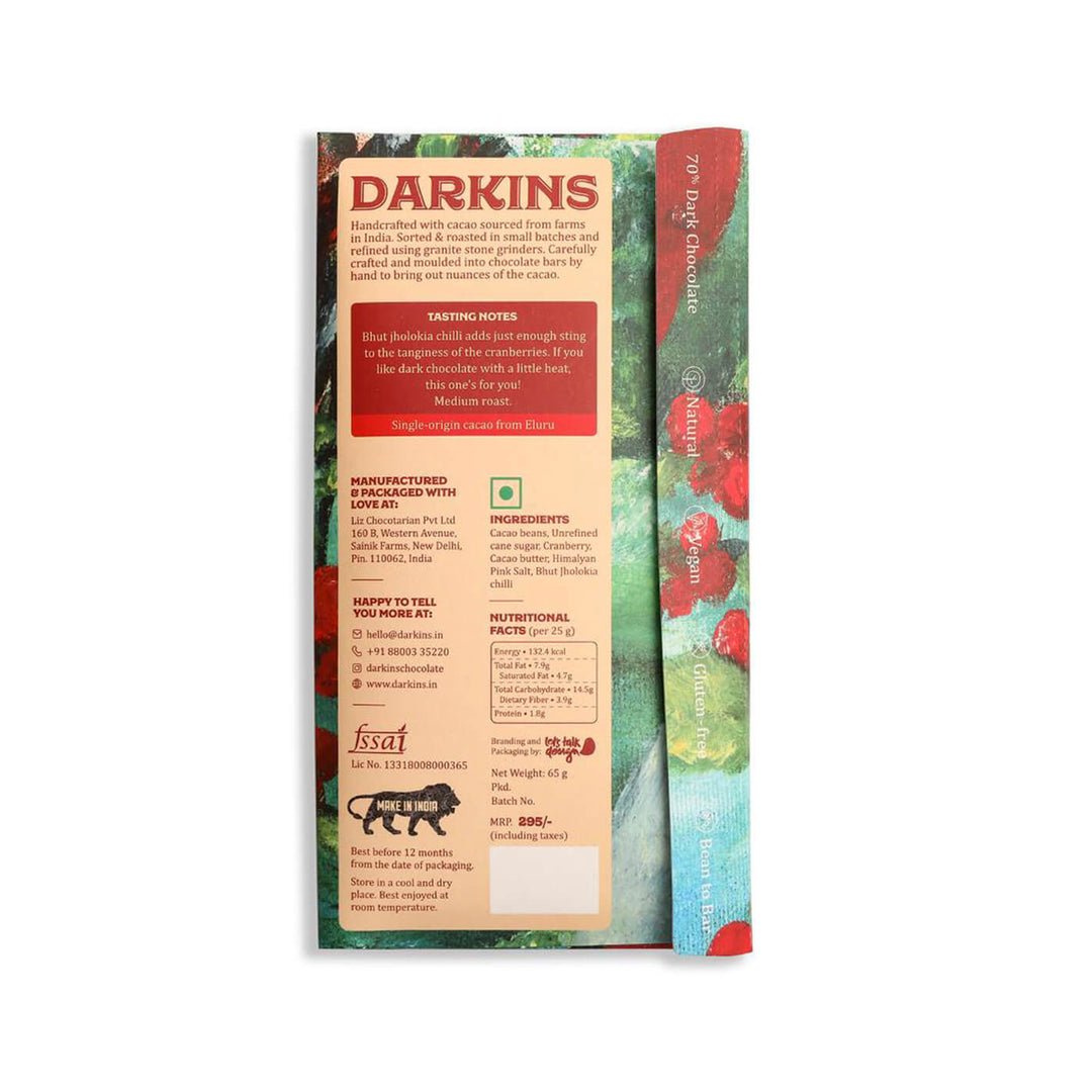 Vegan & Gluten Free | 70% Dark Chocolate with Cranberry & Bhut Jholokia Chilli