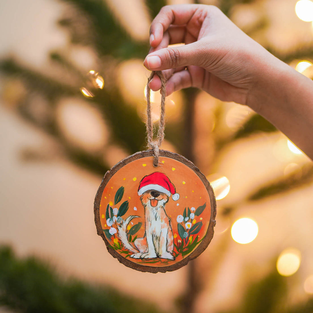 Hand-Painted Adorable Dogs Wooden Bark Ornaments For Christmas Tree Decoration | Set Of 2