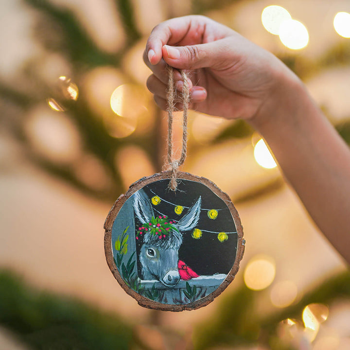 Hand-Painted Grey Horse Wooden Bark Ornament For Christmas Tree Decoration