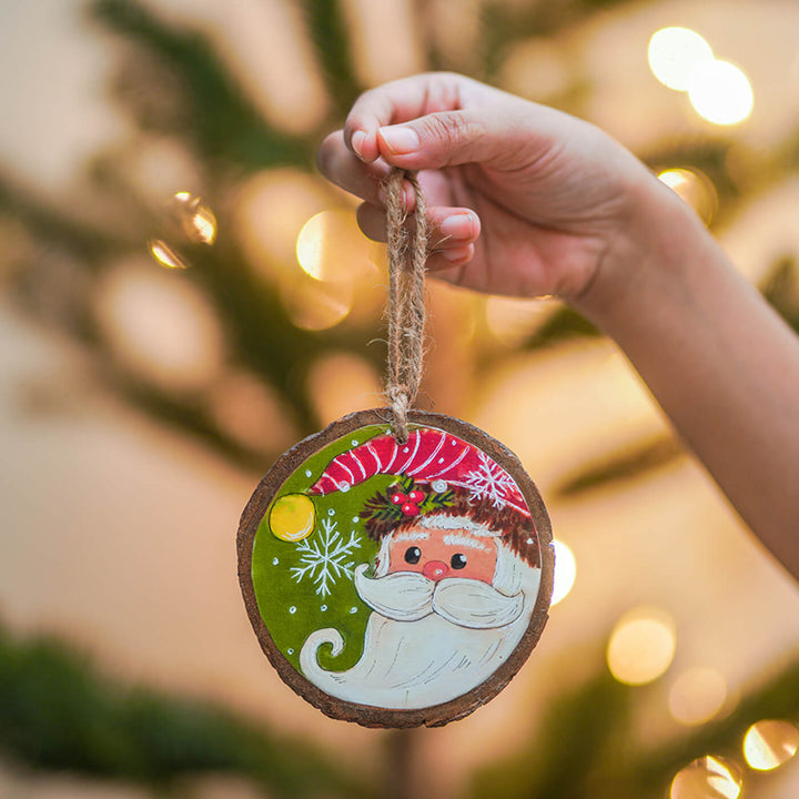Hand-Painted Santa Wooden Bark Ornament For Christmas Tree Decoration