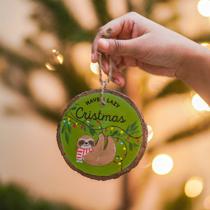 Hand-Painted Smiley Slot Wooden Bark Ornament For Christmas Tree Decoration
