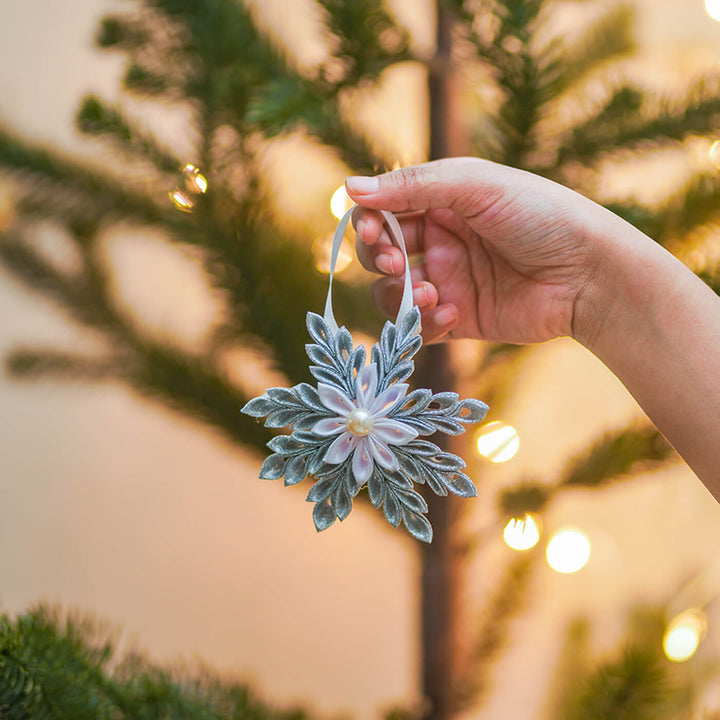 Handmade Silver Snowflake Satin Ribbon Ornaments For Christmas Tree Decoration | Set Of 4