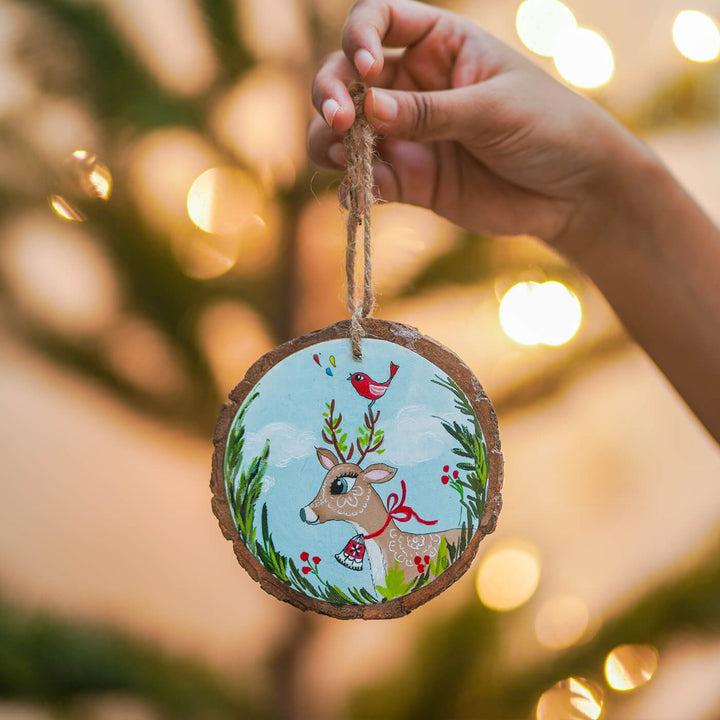 Hand-Painted Deer & Bird Wooden Bark Ornament For Christmas Tree Decoration