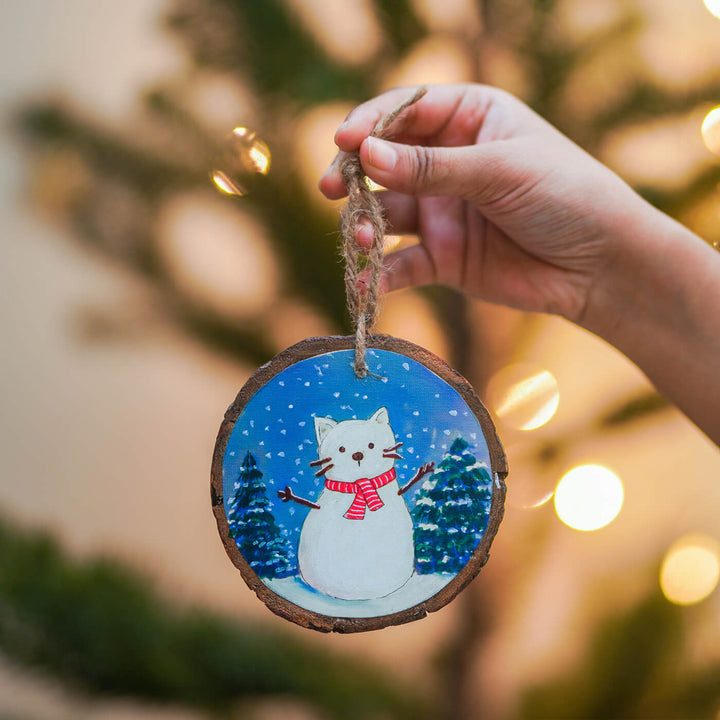 Hand-Painted Cat & Mouse Wooden Bark Ornaments For Christmas Tree Decoration | Set Of 2