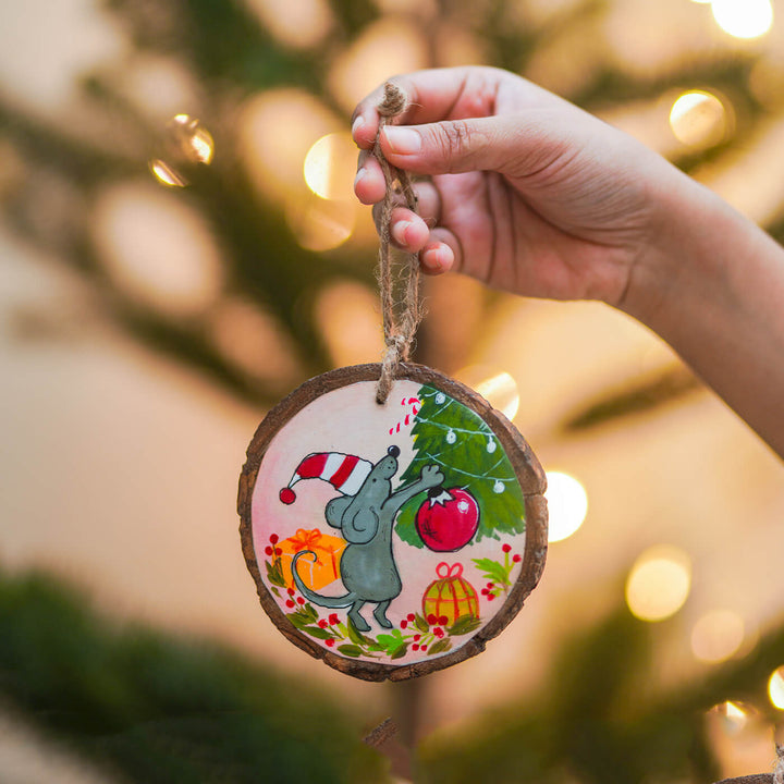 Hand-Painted Cat & Mouse Wooden Bark Ornaments For Christmas Tree Decoration | Set Of 2