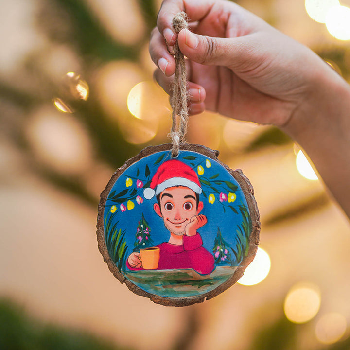 Hand-Painted Cute Boy & Xmas Tree Wooden Bark Ornaments For Christmas Tree Decoration | Set Of 2