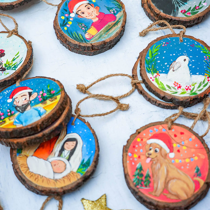 Hand-Painted Nativity Wooden Bark Ornament For Christmas Tree Decoration