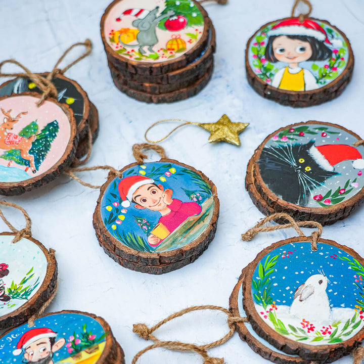 Hand-Painted Cute Girl & Cat Wooden Bark Ornaments For Christmas Tree Decoration | Set Of 2