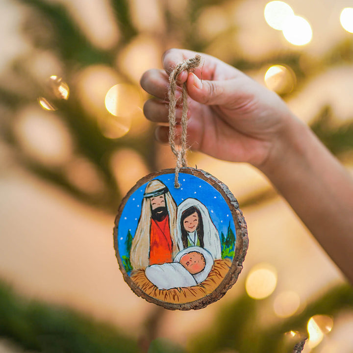 Hand-Painted Nativity Wooden Bark Ornament For Christmas Tree Decoration