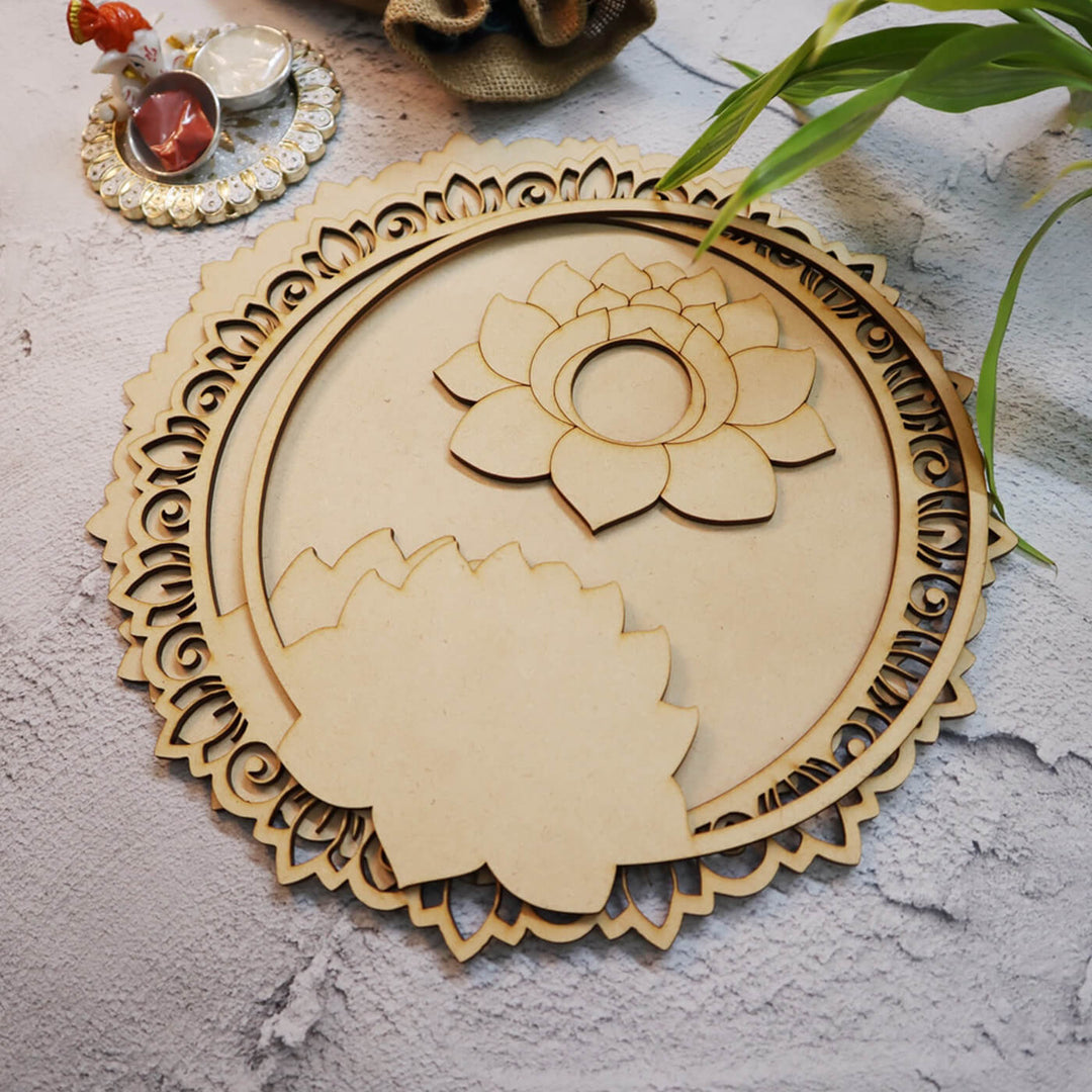 Ready to Paint MDF Circular Lotus Pooja Thali Platter - PLT002