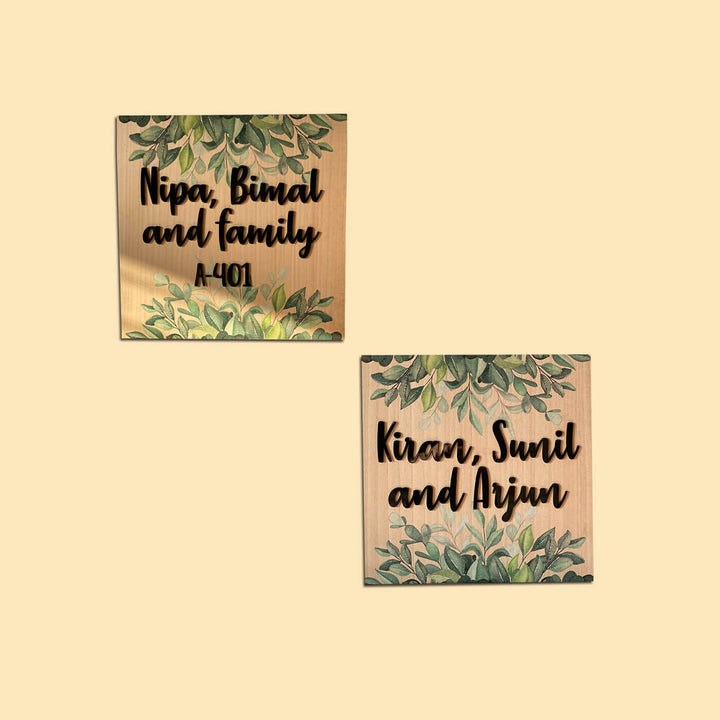 Personalised Wooden Botanical Square Nameplate