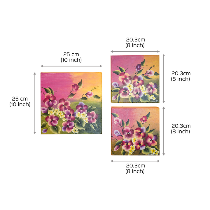 Handpainted Pansy One Stroke Art Canvas Wall Hanging - Set of 3