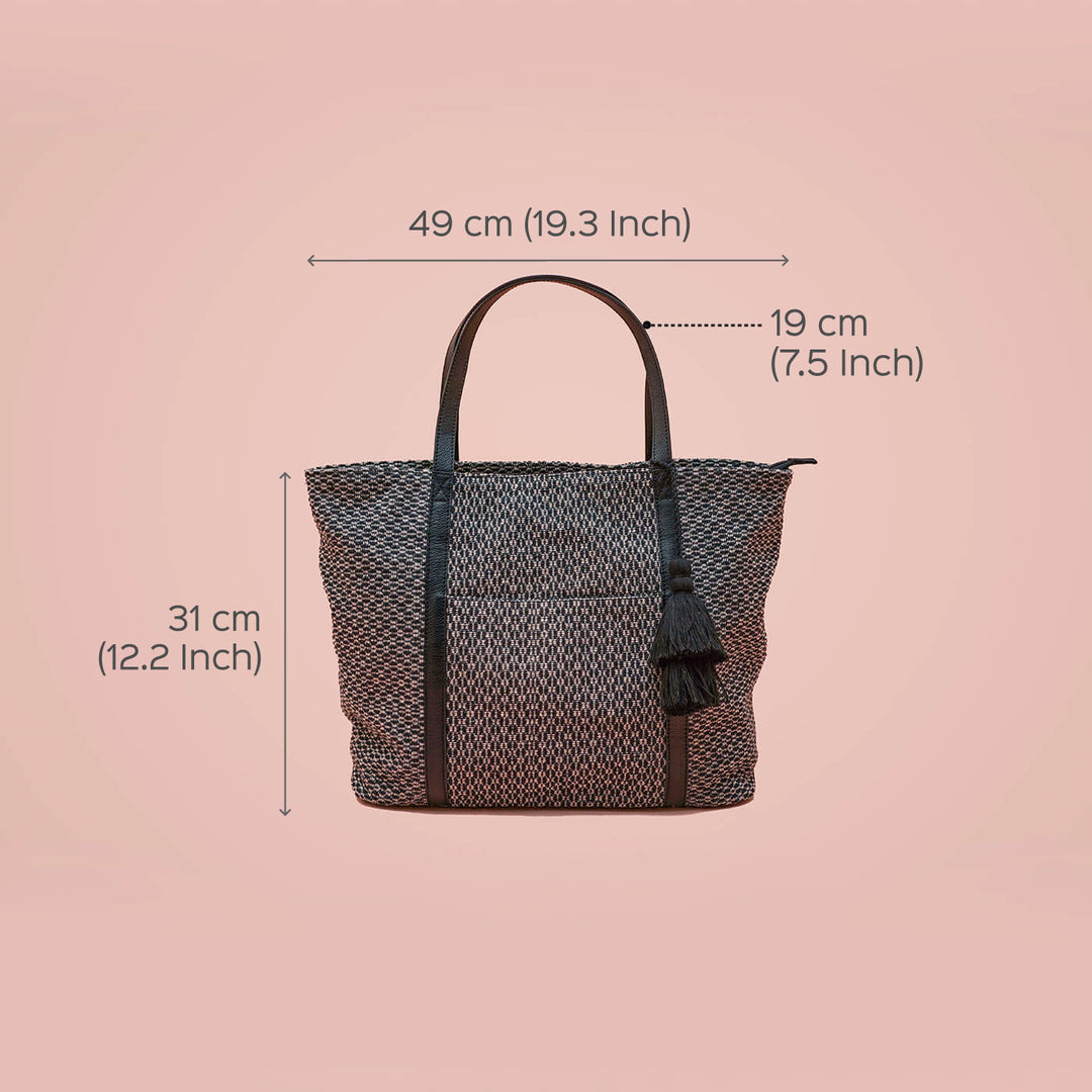 Black & Grey Jacquard Tote with Leather Handles