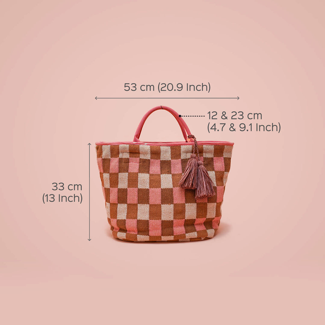 Checkered Jacquard Tote with Webbing Handles