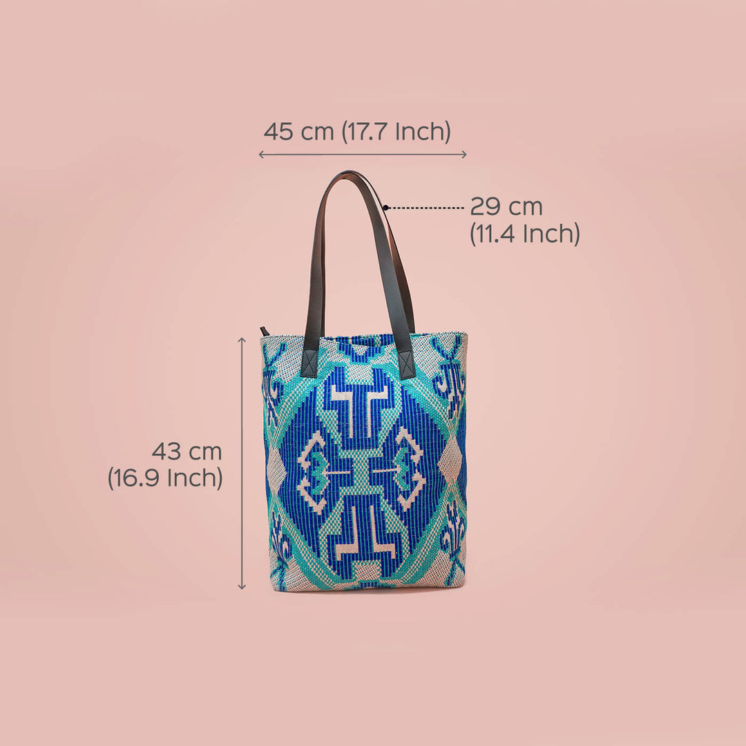 Blue Jacquard Tote with Leather Handles