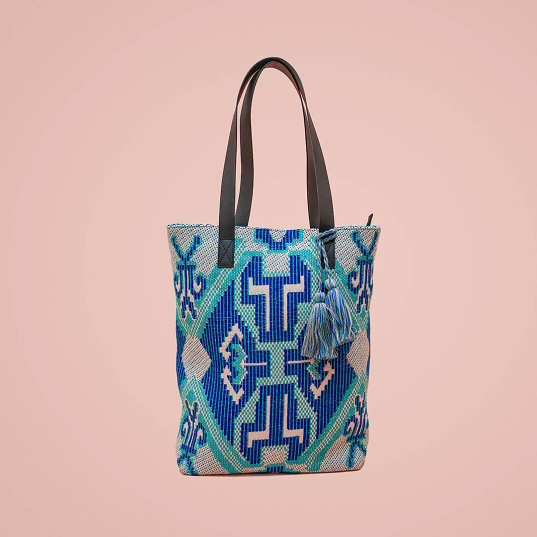 Blue Jacquard Tote with Leather Handles