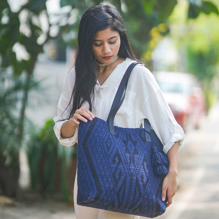 Heavy Jacquard Tote with Leather Handles