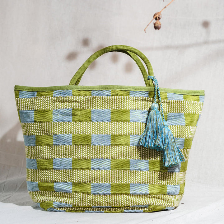 Checkered Jacquard Tote with Webbing Handles